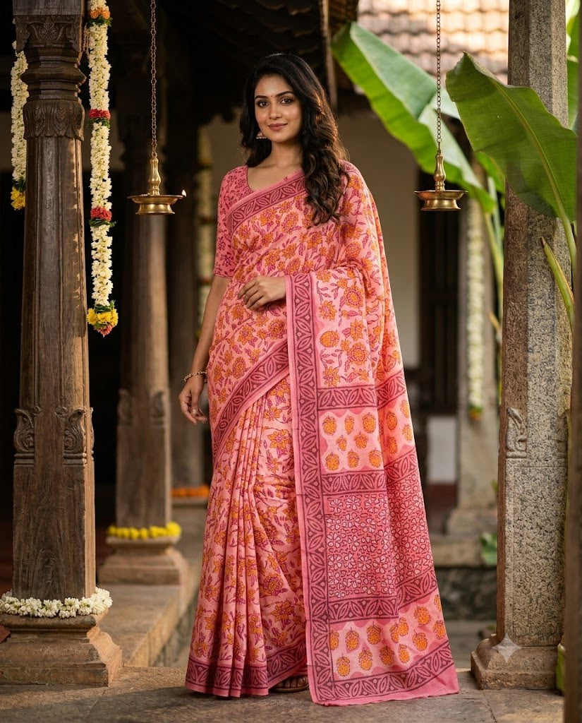 Peachish Pink Handloom Maheshwari Semi Silk Saree - WK77-03