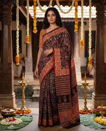 Black Floral Handloom Maheshwari Semi Silk Saree - WK77-04