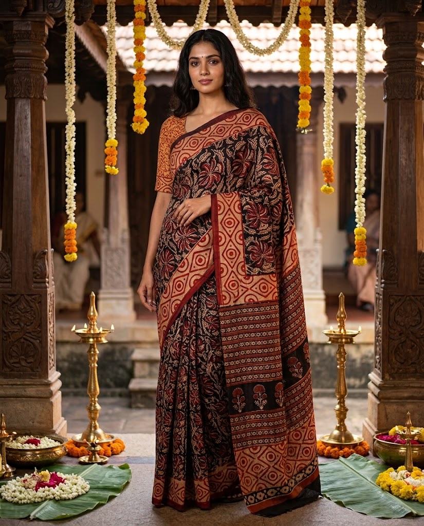 Black Floral Handloom Maheshwari Semi Silk Saree - WK77-04