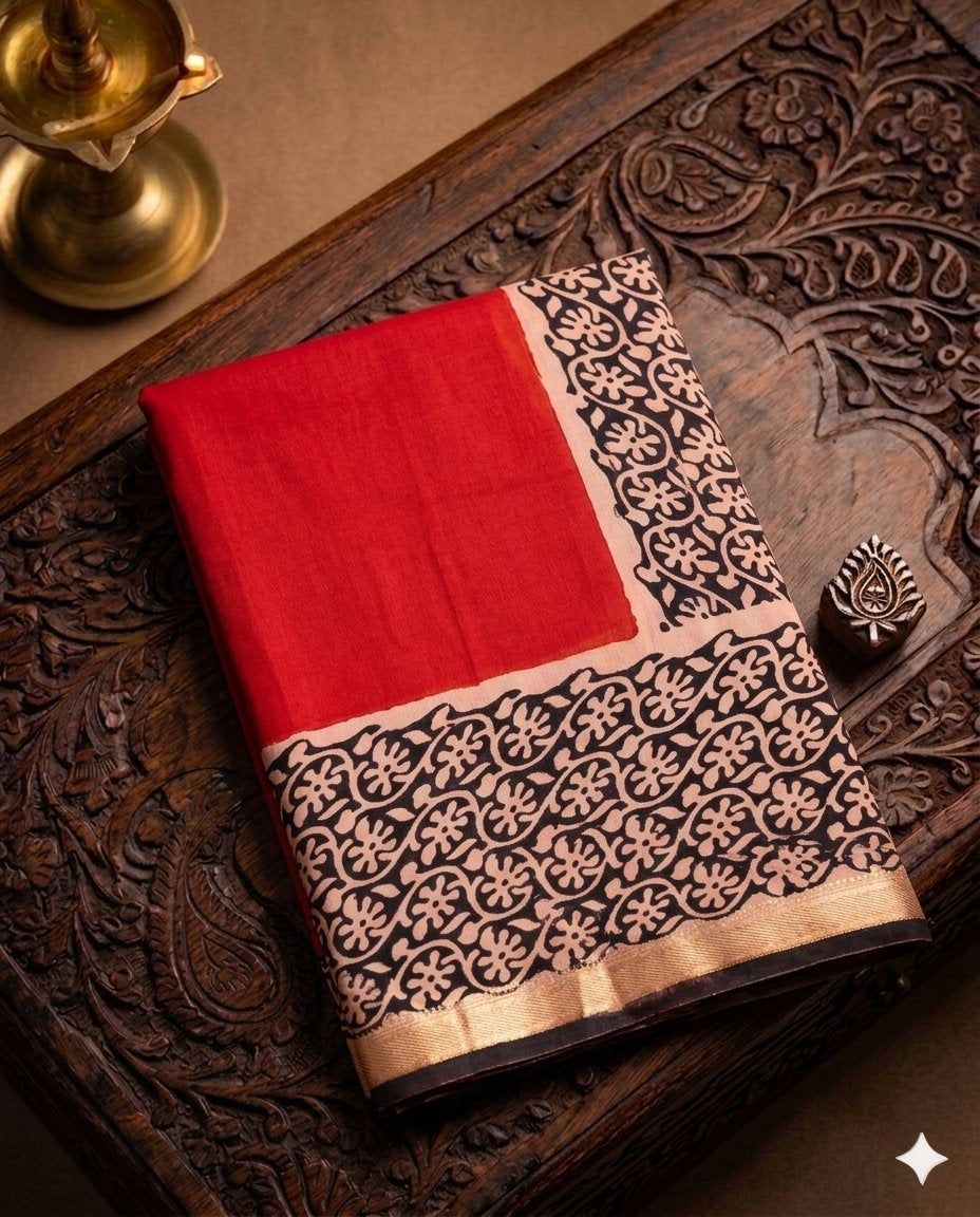 Red and black white Handloom Maheshwari Semi Silk Saree - WK77-0023