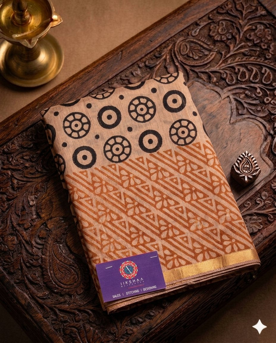 Beige Handloom Maheshwari Semi Silk cotton Saree - WK77-0024