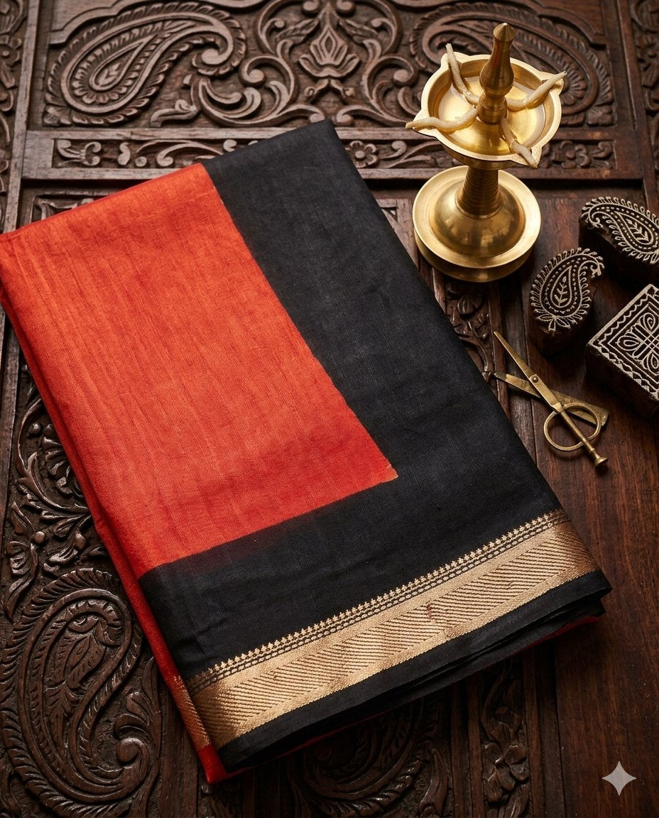 Red and black white Handloom Maheshwari Semi Silk Saree - WK77-0025