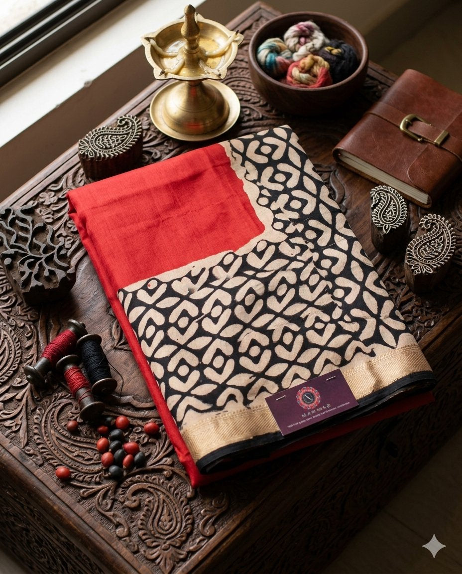 Red Geometrical Pattern Handloom Maheshwari Semi Silk Saree - WK77-0027