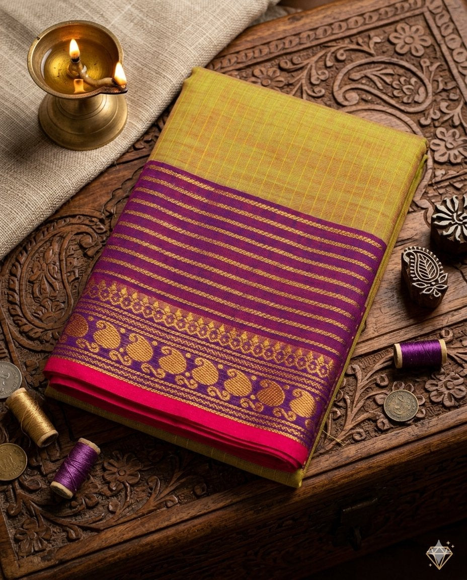 Yellow & Purple Kanchi Cotton Saree - WK77-0038