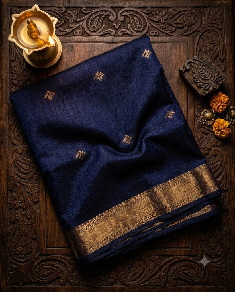Dark Navy Blue Handloom Matka Semi Silk Saree - WK77-0065