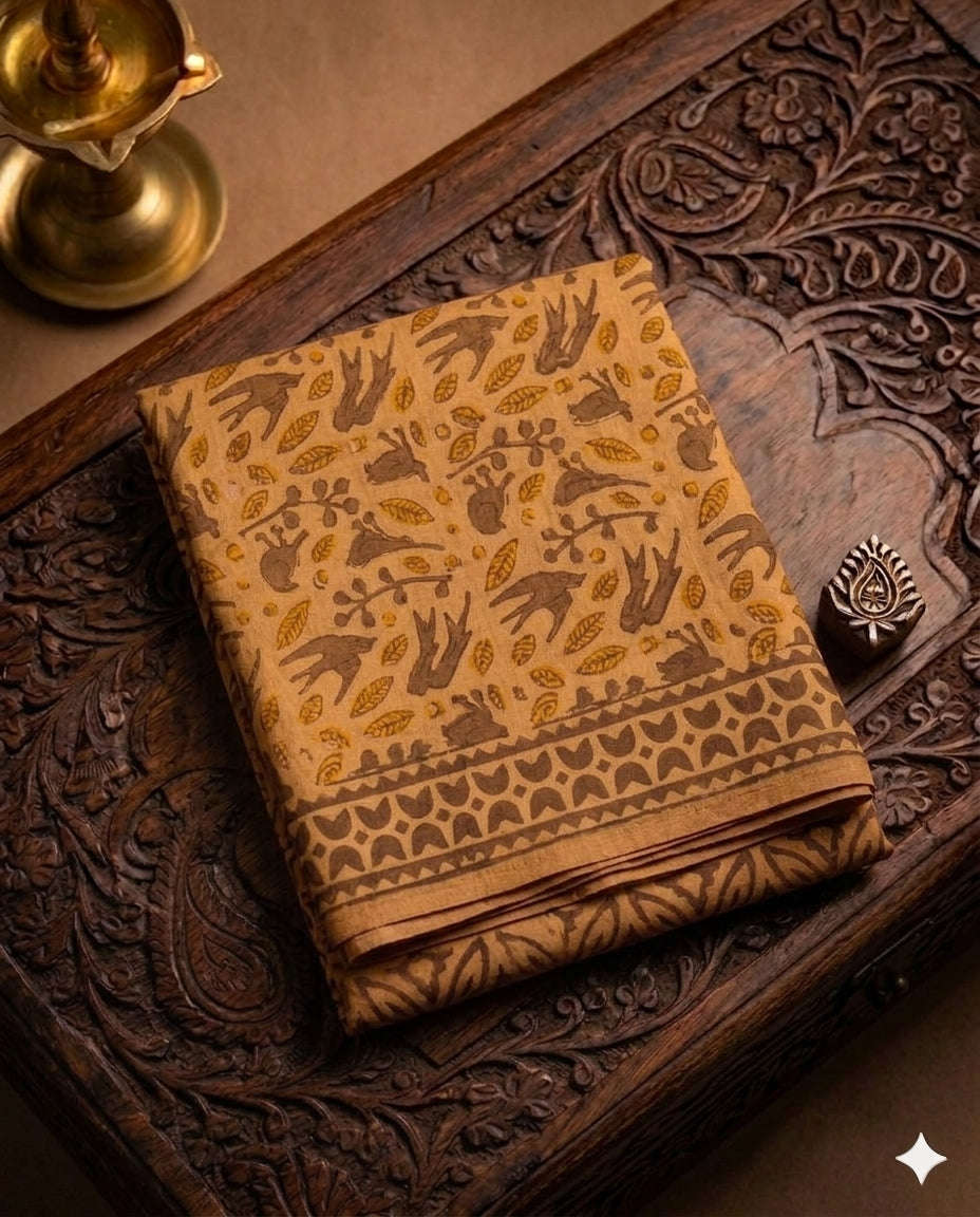 Mustard Handloom Maheshwari Semi Silk Saree - WK77-010