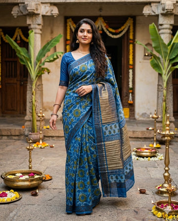 Blue Handloom Maheshwari Semi Silk Saree - WK77-011