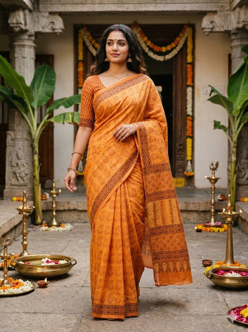 Yellow Handloom Maheshwari Semi Silk Saree - WK77-012