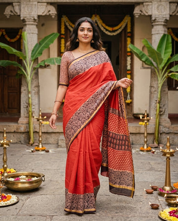 Brick Red Floral Handloom Maheshwari Semi Silk Saree - WK77-013