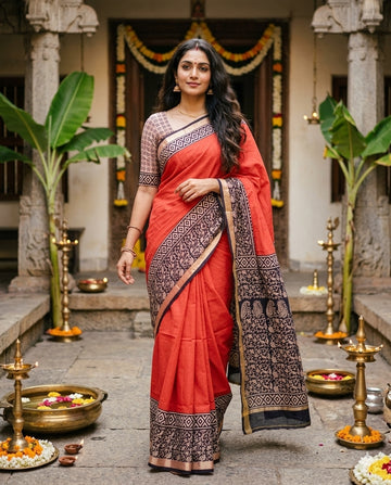 Brick Red & Black Floral Geometrical Handloom Maheshwari Semi Silk Saree - WK77-014
