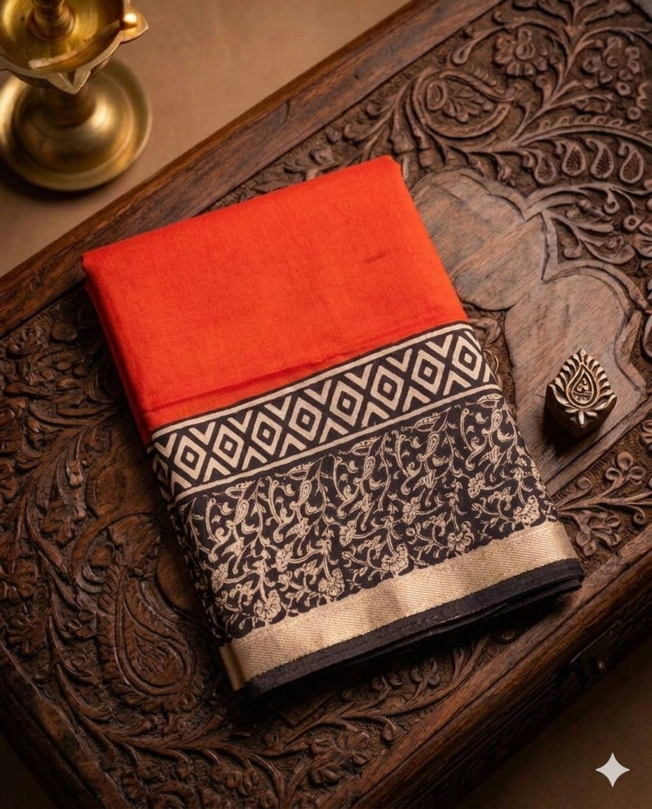 Brick Red & Black Floral Geometrical Handloom Maheshwari Semi Silk Saree - WK77-014