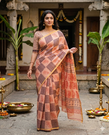 Peachish half white Handloom Maheshwari Semi Silk Saree - WK77-015