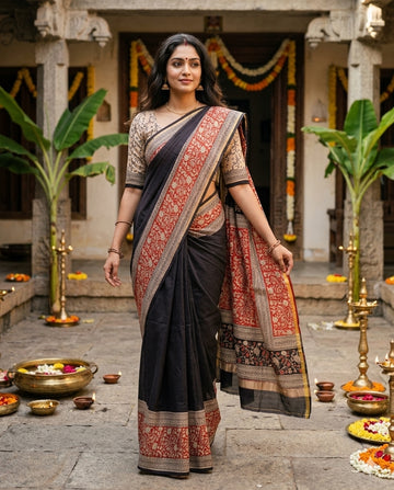 Black & Red Floral Handloom Maheshwari Semi Silk Saree - WK77-016