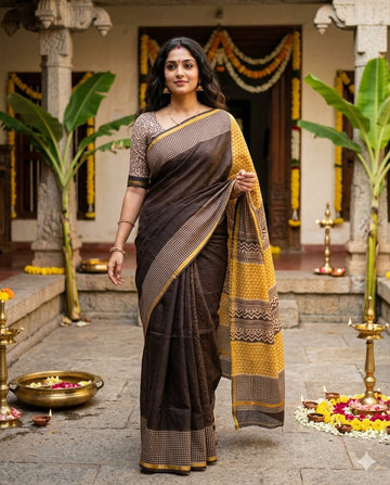 Black & Yellow Handloom Maheshwari Semi Silk Saree - WK77-017
