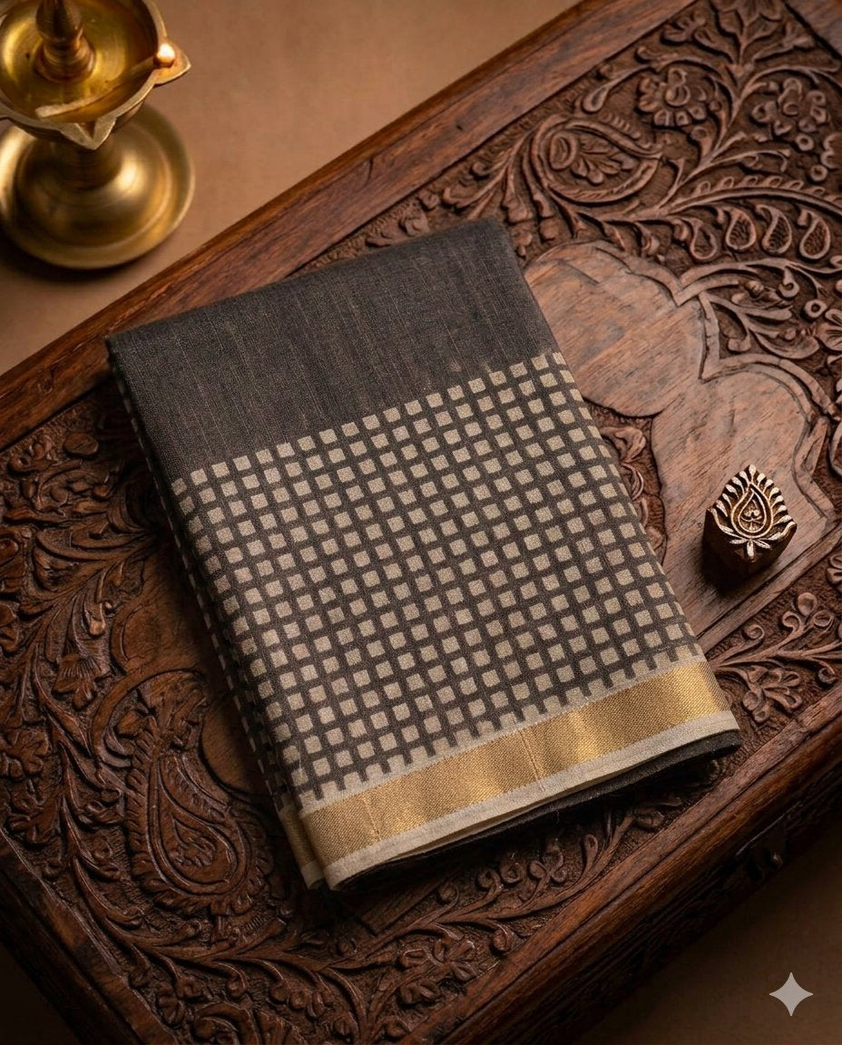Black & Yellow Handloom Maheshwari Semi Silk Saree - WK77-017