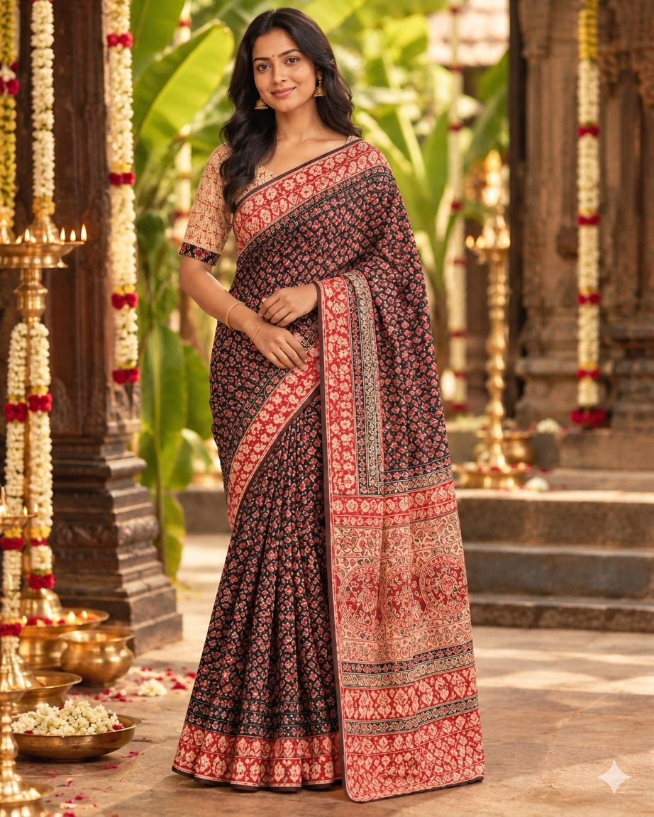 Red & Black Handloom Maheshwari Semi Silk Saree - WK77-018
