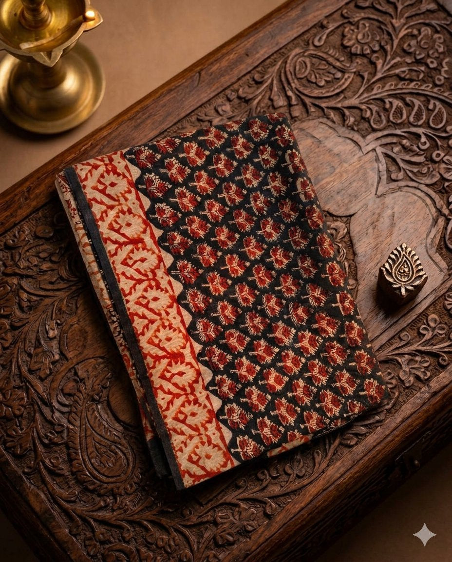 Red & Black Handloom Maheshwari Semi Silk Saree - WK77-018