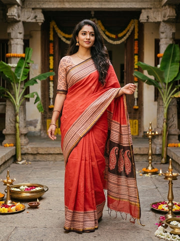 Red Geometrical Pattern Handloom Maheshwari Semi Silk Saree - WK77-019