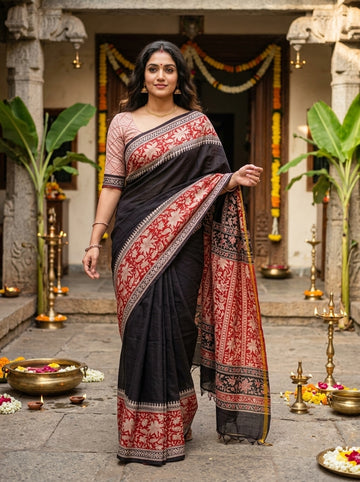 Black & Red Handloom Maheshwari Semi Silk Saree - WK77-020