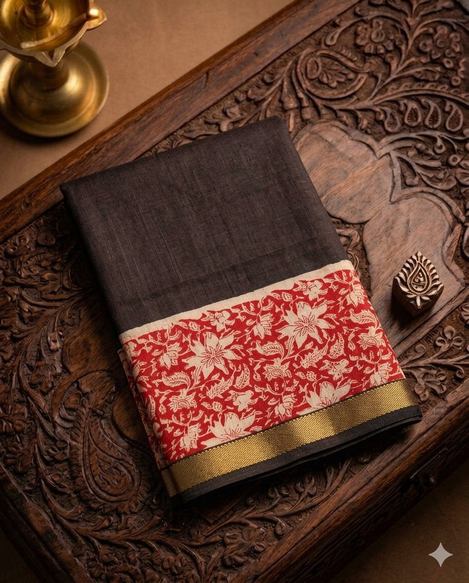 Black & Red Handloom Maheshwari Semi Silk Saree - WK77-020