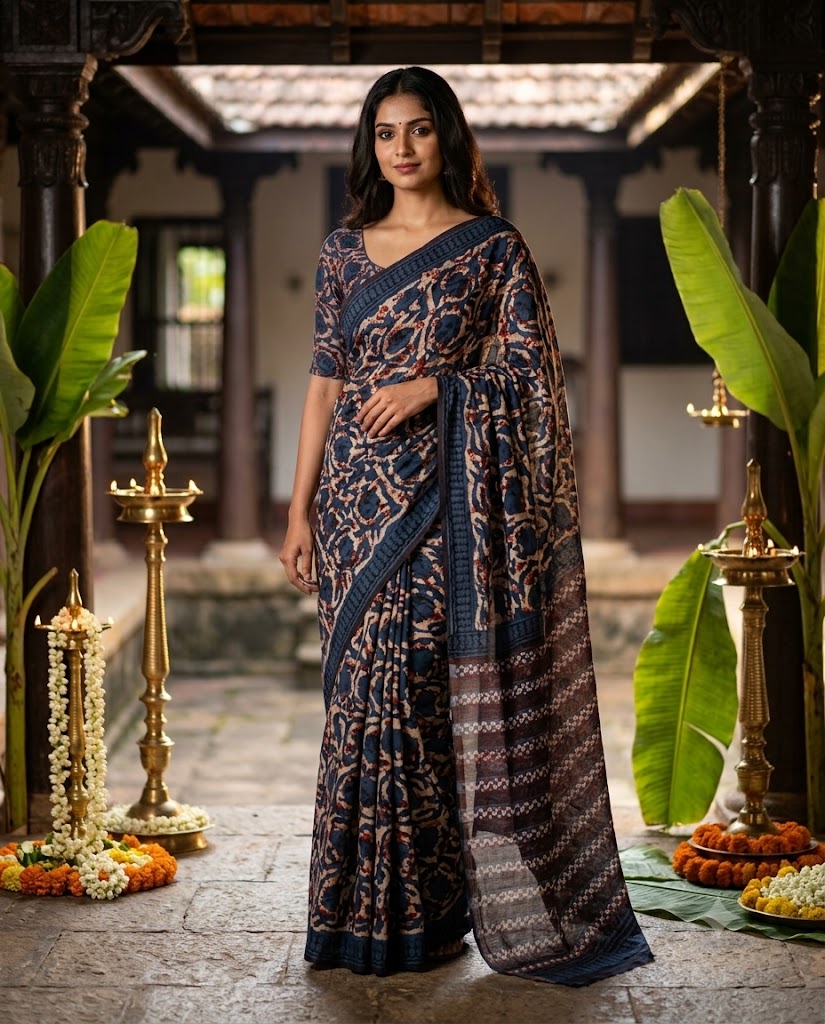 Blue Floral Handloom Maheshwari Semi Silk Saree - WK77-05