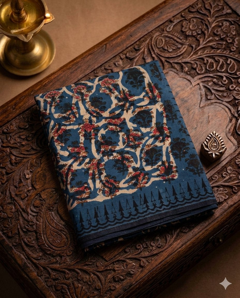 Blue Floral Handloom Maheshwari Semi Silk Saree - WK77-05