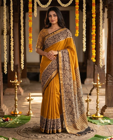 Yellow & Black Handloom Maheshwari Semi Silk Saree - WK77-06