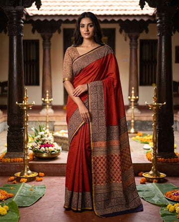 Brick Red Handloom Maheshwari Semi Silk Saree - WK77-07