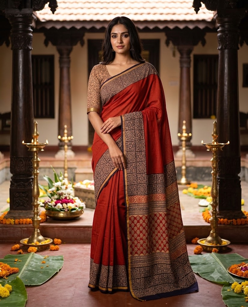 Brick Red Handloom Maheshwari Semi Silk Saree - WK77-07