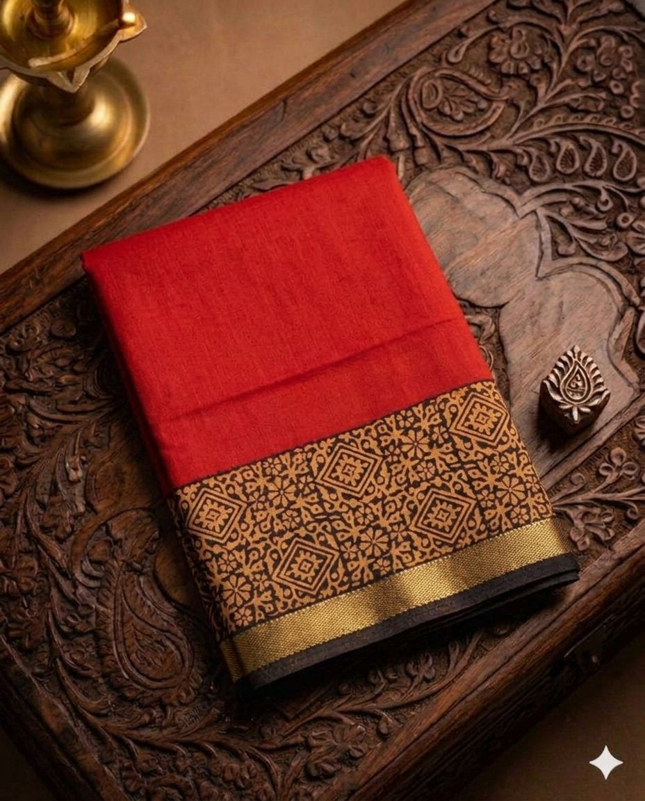 Brick Red Handloom Maheshwari Semi Silk Saree - WK77-07