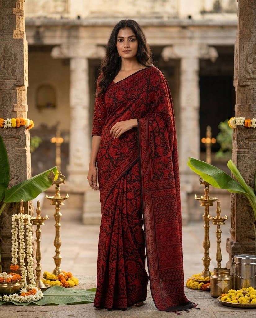 Red Handloom Maheshwari Semi Silk Saree - WK77-08