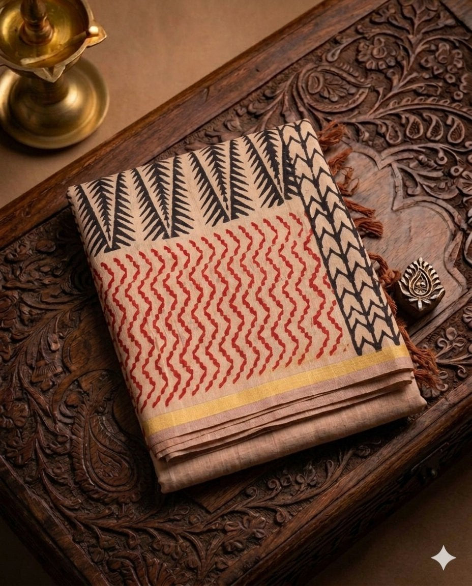 Peachish Halfwhite Handloom Maheshwari Semi Silk Saree - WK77-09