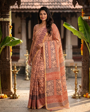 Peachish Halfwhite Handloom Maheshwari Semi Silk Saree - WK77-09