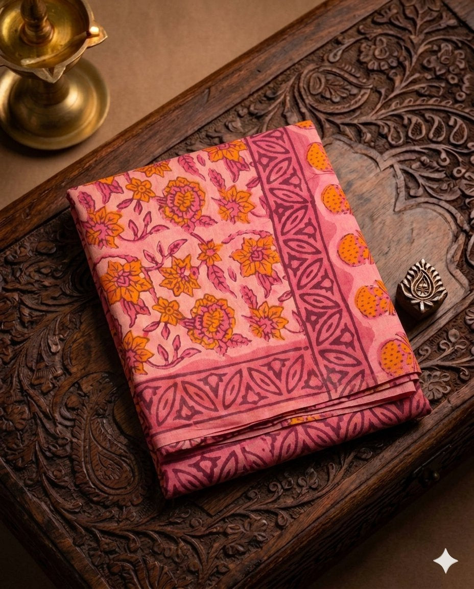 Peachish Pink Handloom Maheshwari Semi Silk Saree - WK77-03